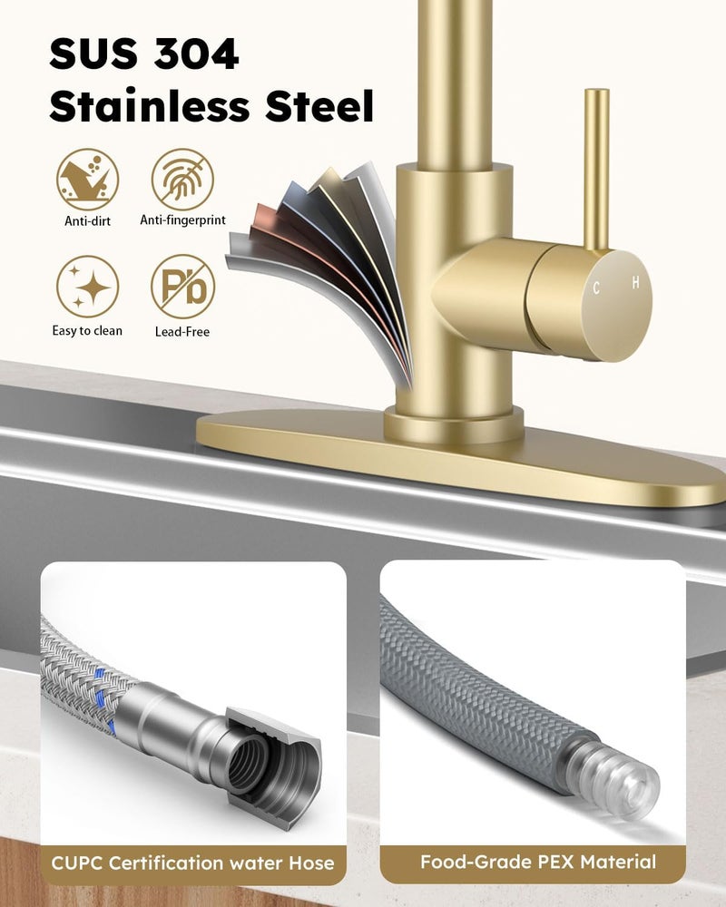 Arofa Kitchen Faucet with Soap Dispenser, Gold Stainless Steel Kitchen Sink Faucets with Pull-Down Sprayer 2 Mode, High Arc Modern Spring Faucet for 1 or 3 Hole, RV & Bathroom Faucets with Sprayer - Image 5